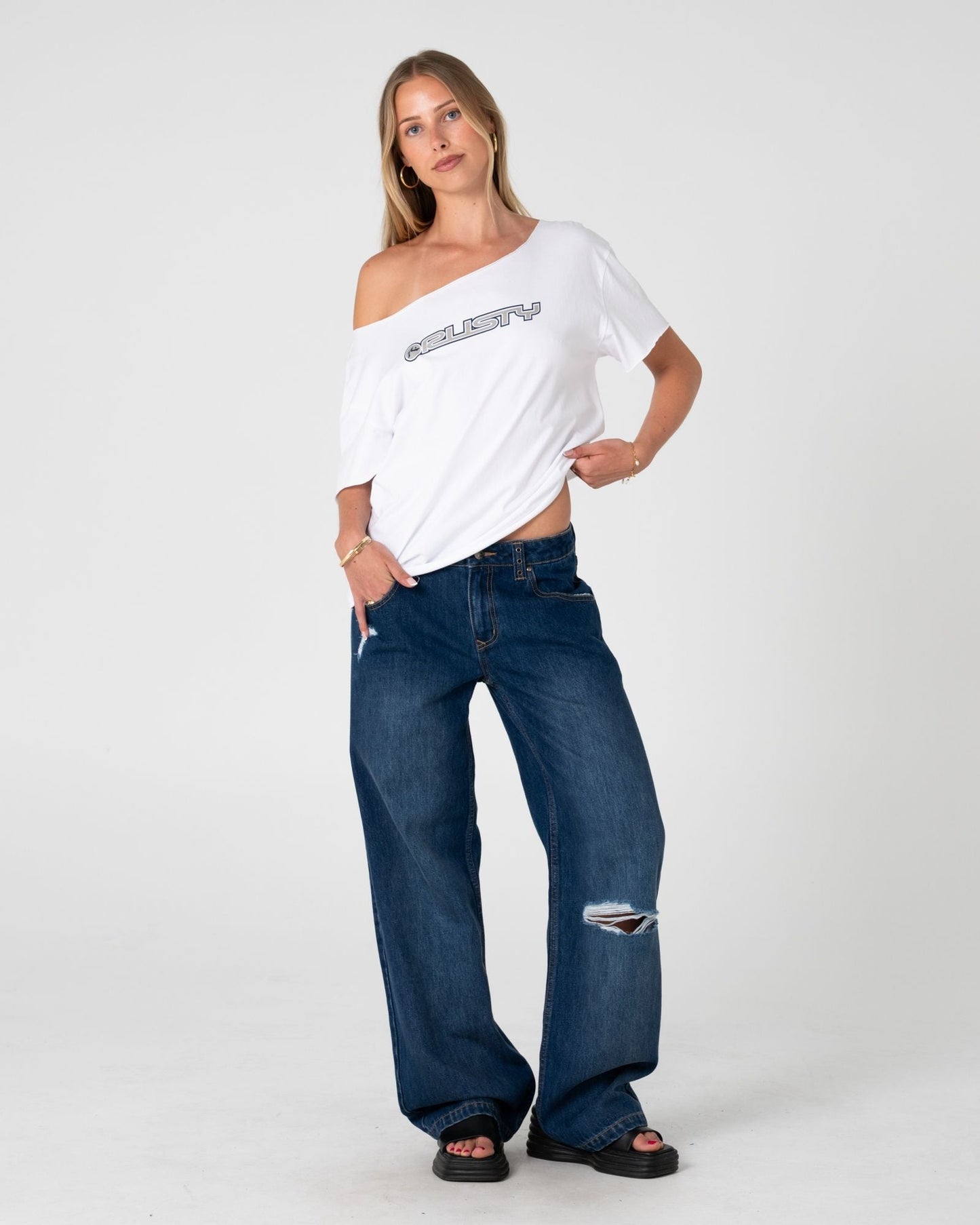 Rusty New But Old Off Shoulder Graphic Tee