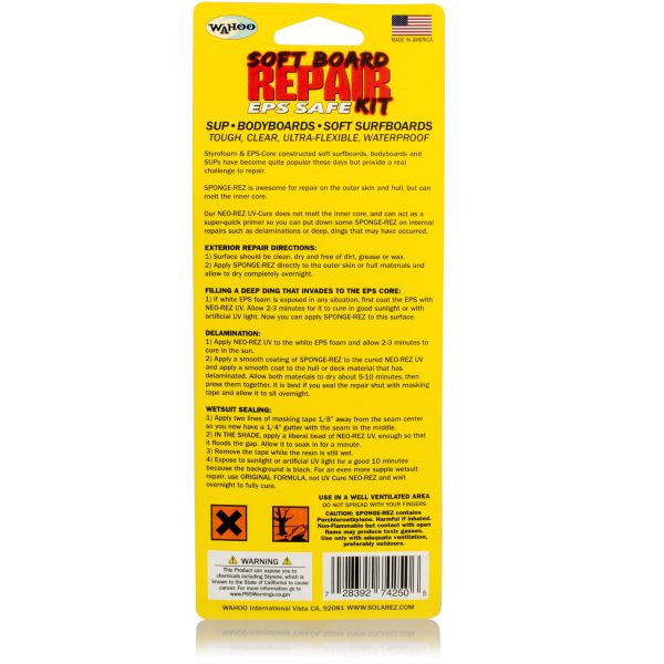 Back packaging of Solarez Soft Board Repair Kit with instructions.