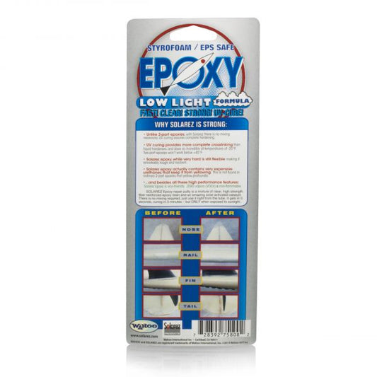 Back view of Solarez Epoxy Low-Lite Ding Repair packaging with instructions.