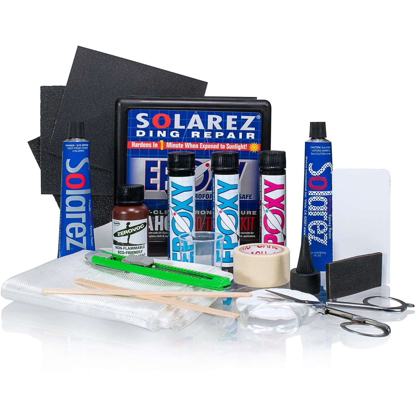 Solarez Epoxy Pro Travel Kit for surfboard repair with tools and materials.