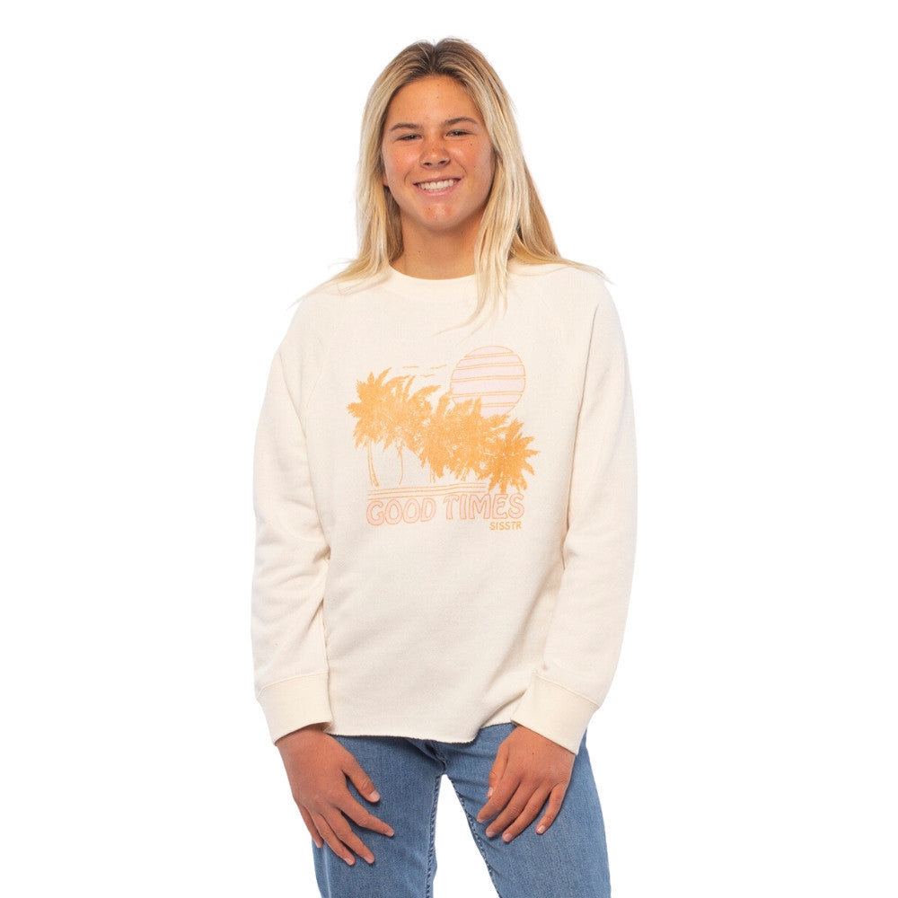 Sisstrevolution Good Times Crew - VWT, cozy ladies crew with palm tree graphic.