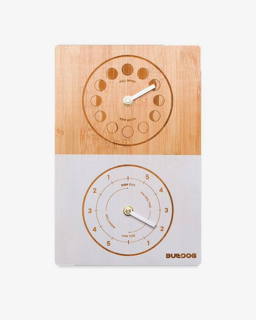 Bulldog Tide Clock Double Dial with moon phase and tide indicators.