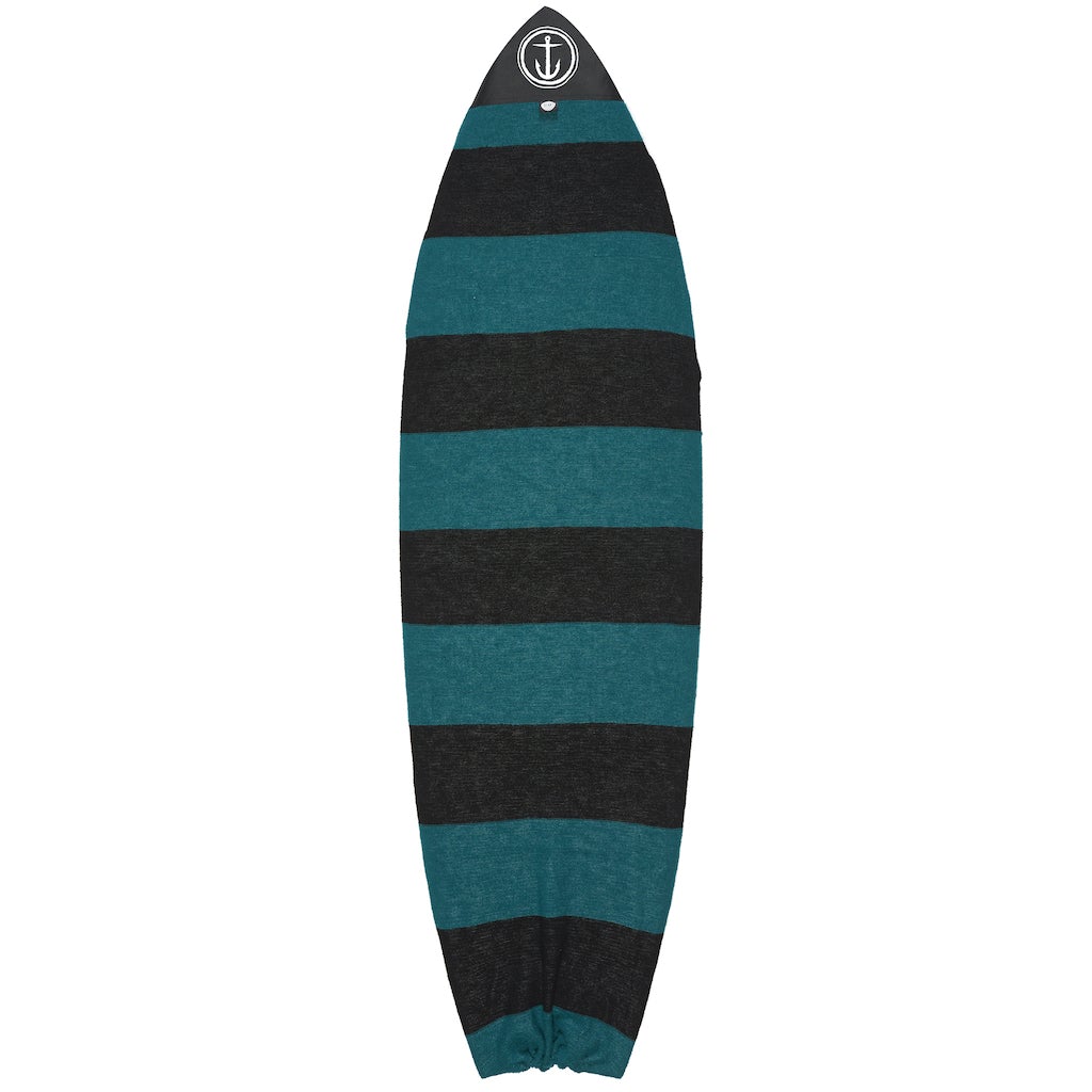 Hybrid surfboard sock cover with black and green stripes, padded nose block, lightweight protection