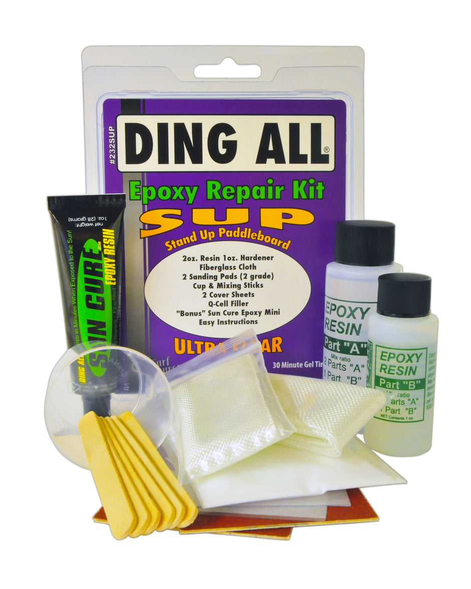 SUP Epoxy Repair Kit - Ding All SUP Repair Kit includes resin, hardener, fiberglass cloth, and sanding pads for surfboard ding repair.
