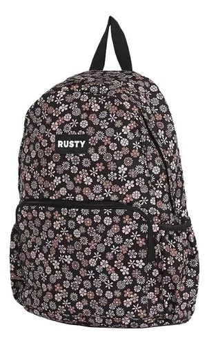 Side view of Rusty Indiana Backpack featuring floral pattern and spacious compartments.