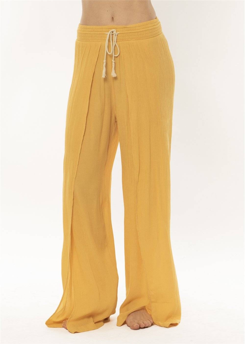 Front view of Sisstrevolution Warm Sand Pant in ginger color with drawstring waist.