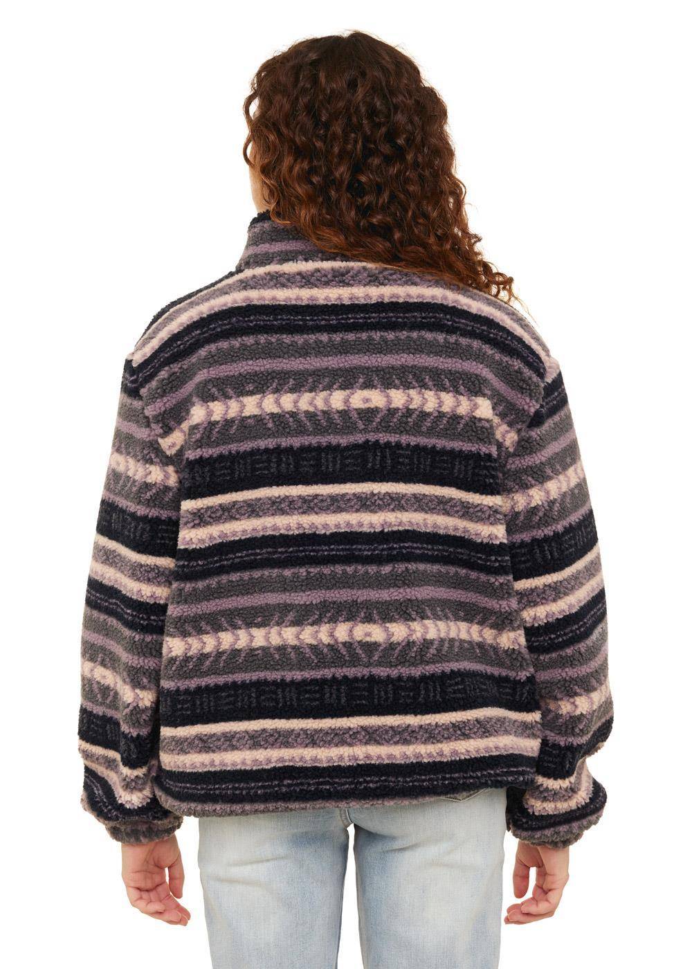 Sisstrevolution Smooth Sherpa Fleece in Grey Heather with striped design, back view.