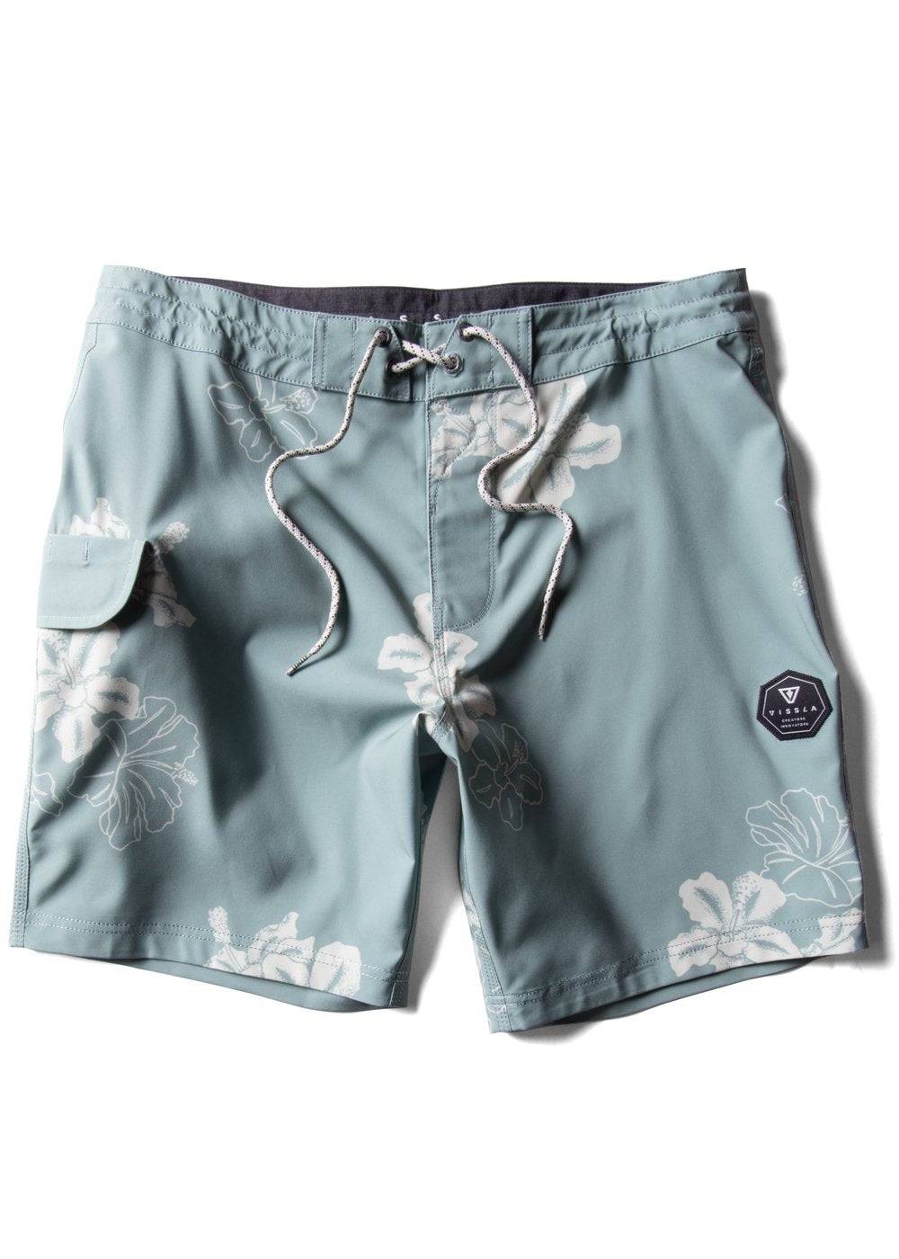 Vissla Byebiscus 17.5-inch light sage boardshort with floral print, front view.