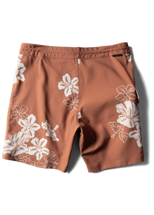Vissla Byebiscus Boardshort in terracotta with floral print, back view.