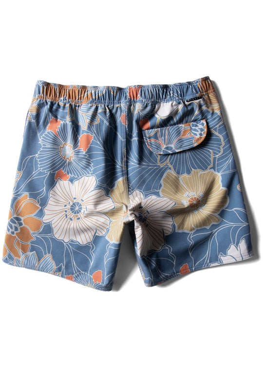 Back view of Vissla Chuns 16.5" Ecolastic boardshorts in tidal blue with floral design.