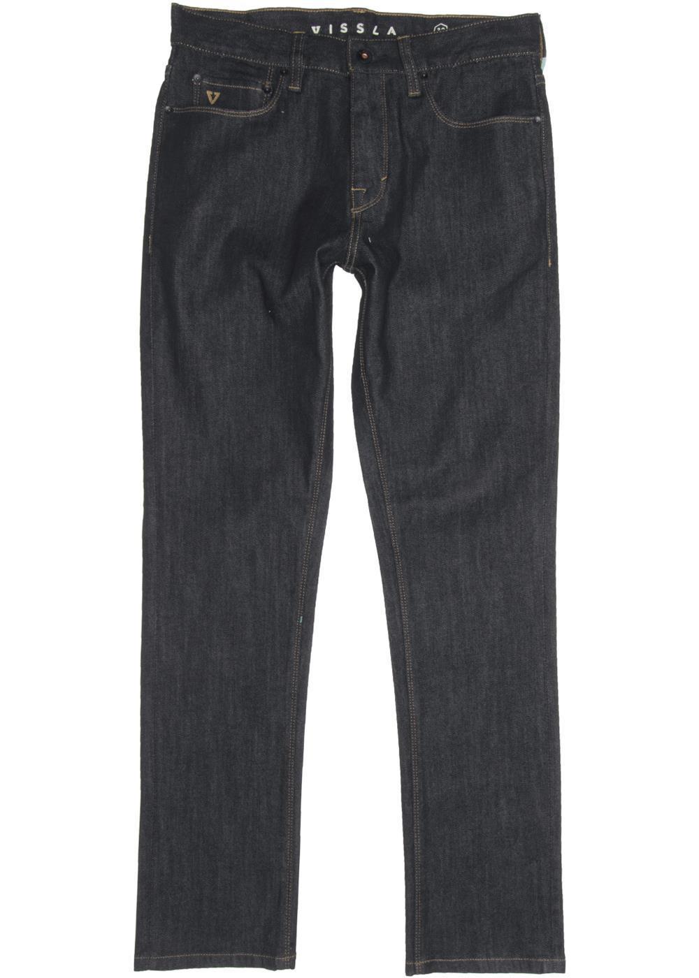 Flat lay of Vissla Profile Denim 5 Pkt Pant showing front details and classic design.