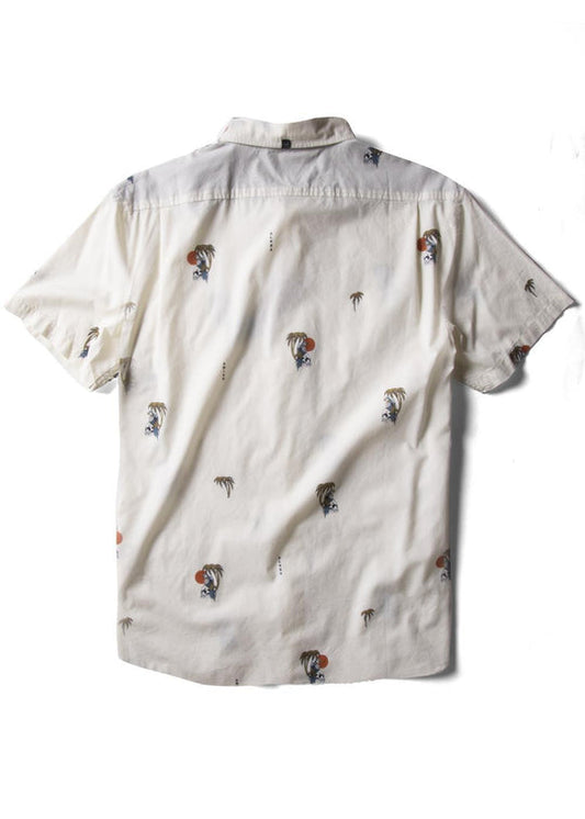 Vissla Parrodise Eco Shirt in Dune color, back view with tropical print.