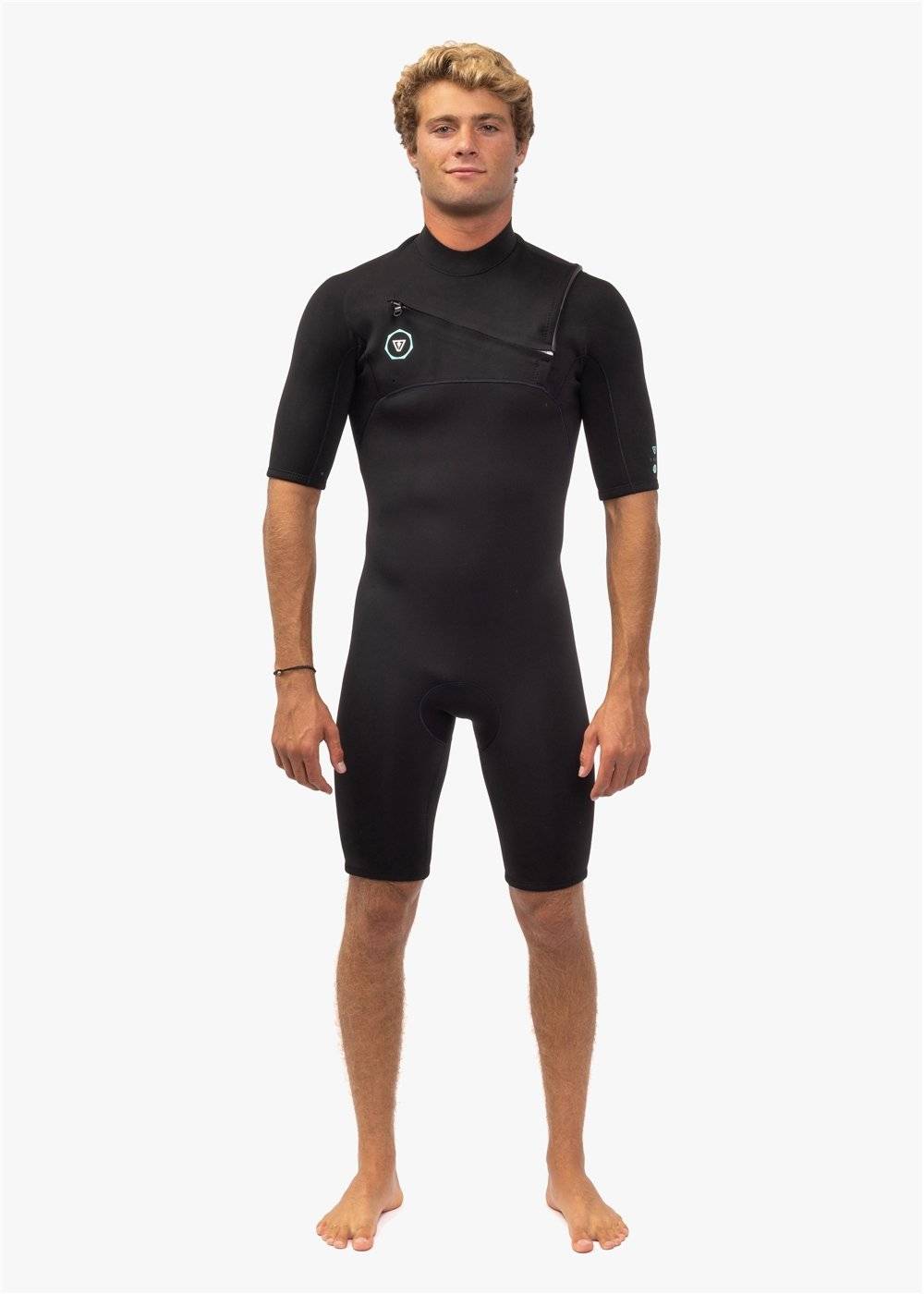 Front view of Vissla 7 Seas 2-2 Spring Wetsuit in black with chest zip.