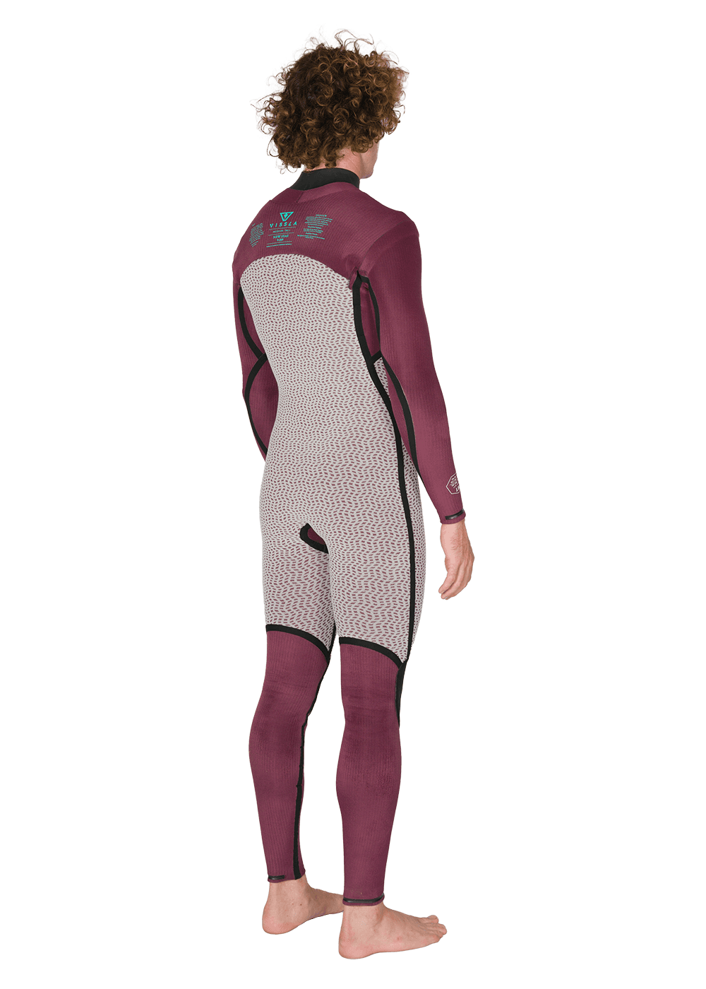 Vissla New Seas 5-4 U-Zip Wetsuit in maroon interior, back angle view.