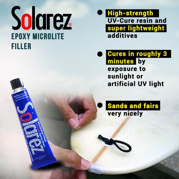 Solarez Epoxy Microlite Filler curing under UV light for quick surfboard repair.