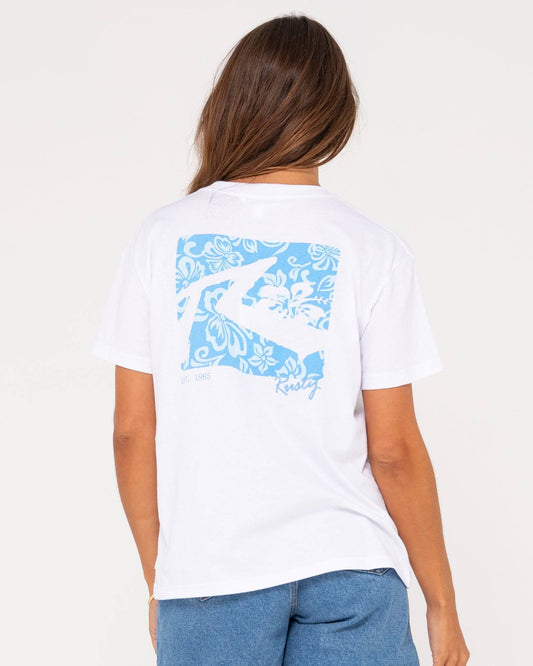 Back view of Rusty Jill Standard Fit Tee featuring blue floral graphic design.