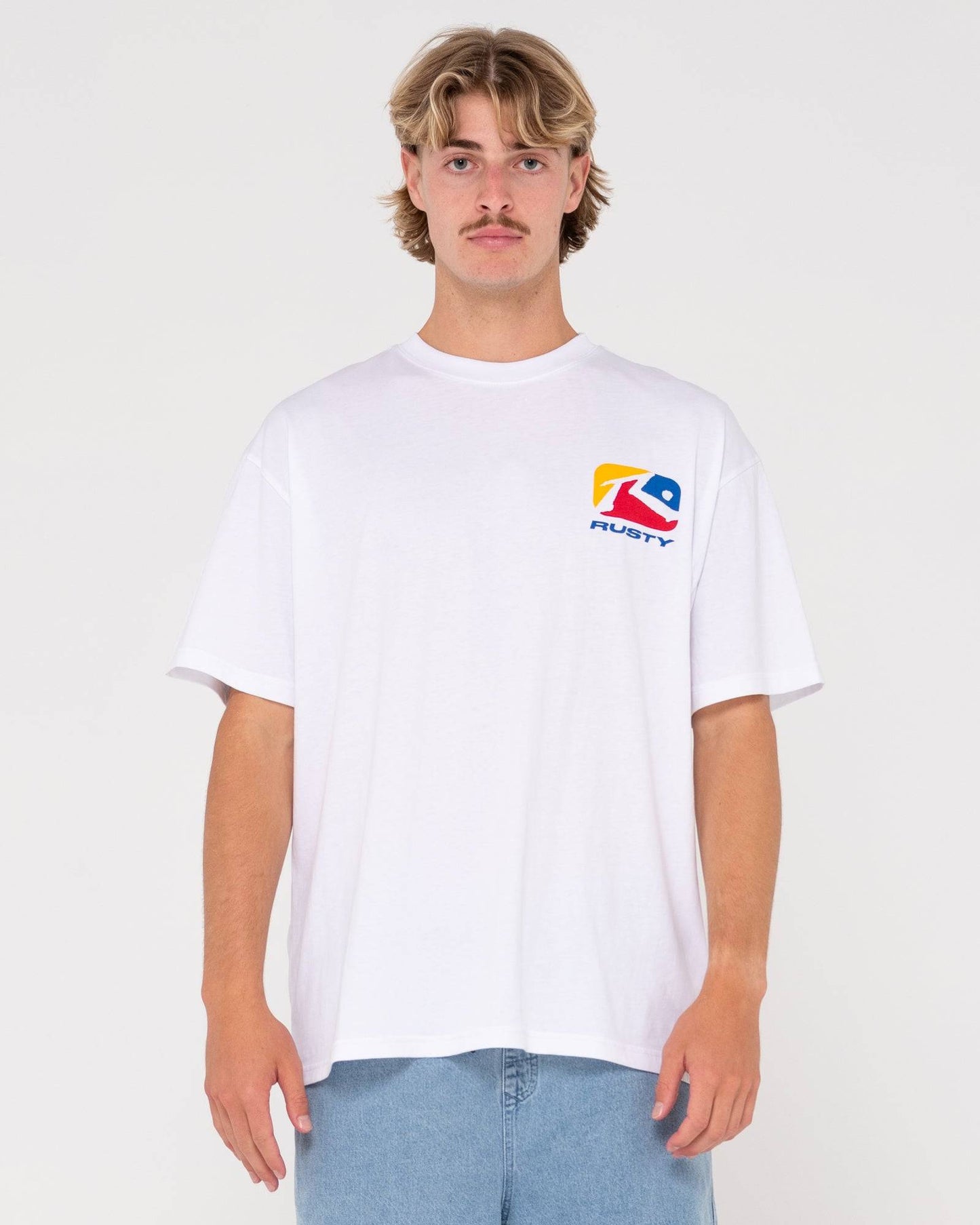 Front view of Rusty Phenom short sleeve tee in white with small chest logo.