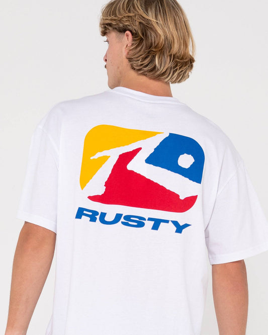Back view of Rusty Phenom short sleeve tee featuring bold Rusty logo print.