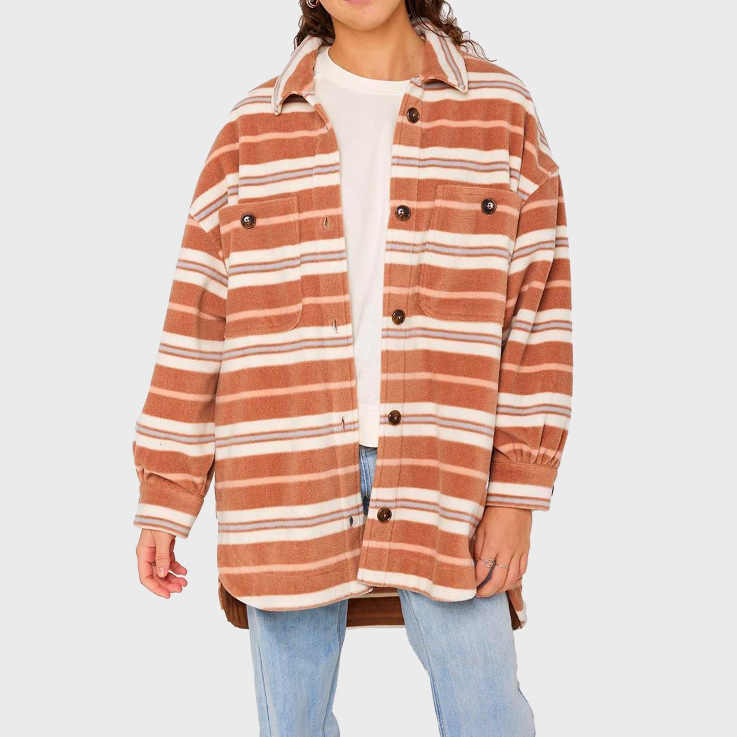 Sisstrevolution Polar Palmas Eco-zy Polar LS Overshirt in russet with striped design.