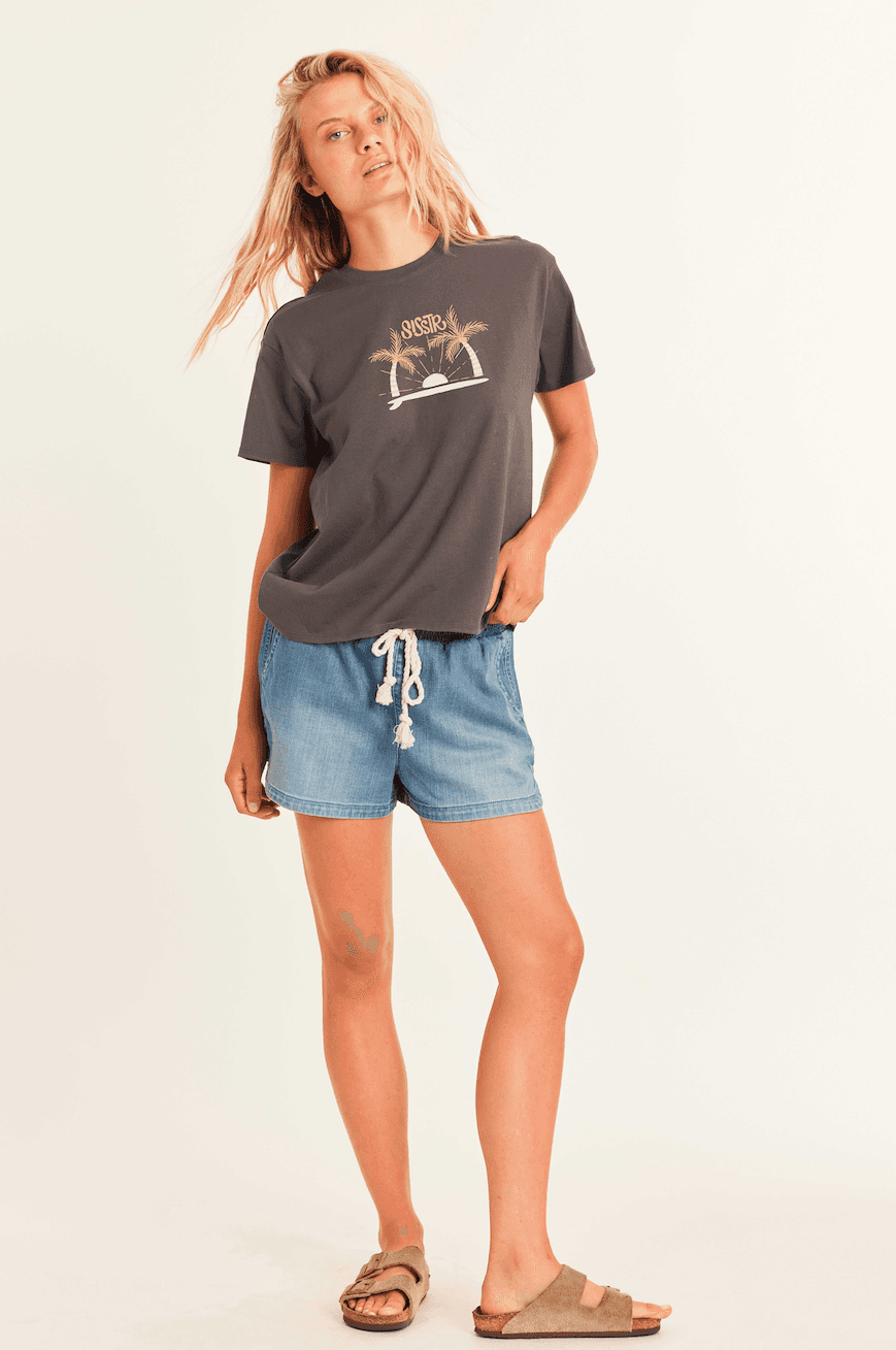 Sisstrevolution Beach Daze Boyfriend Knit Tee in charcoal with palm tree graphic.