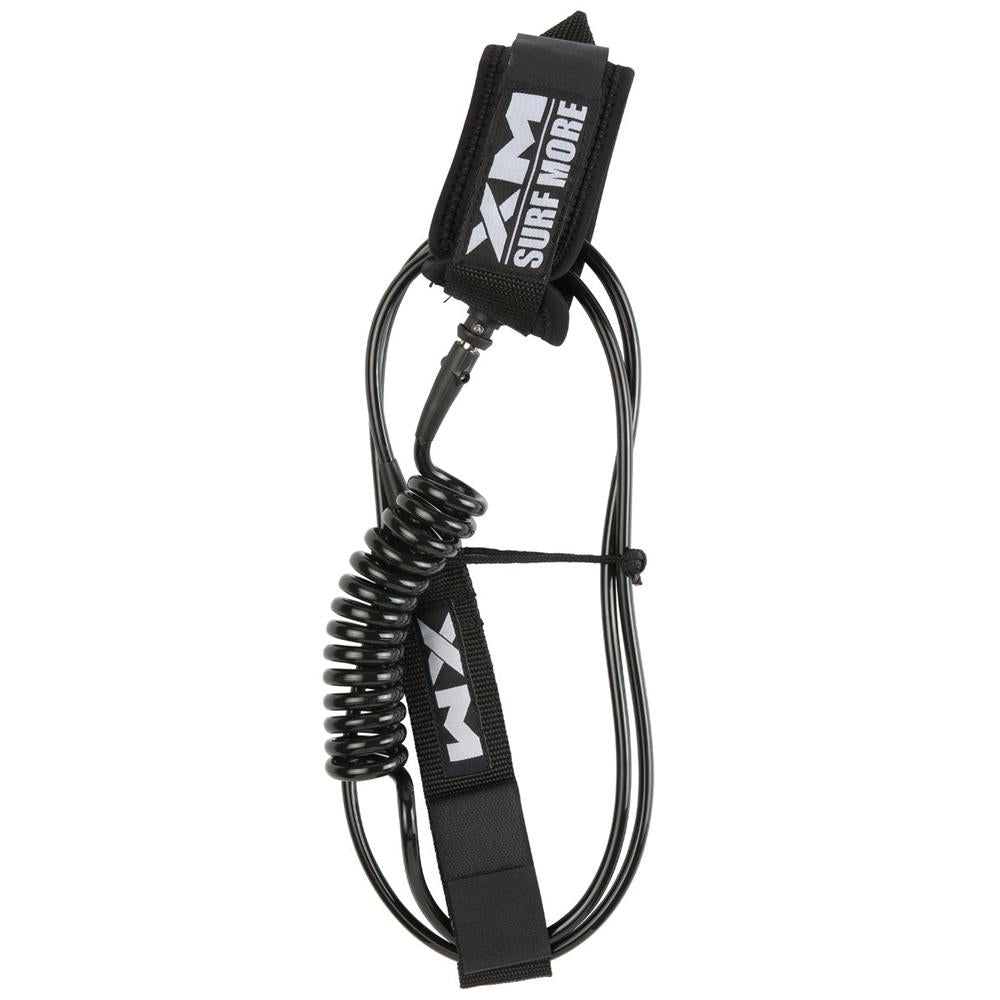XM Surf More hybrid SUP coil leash, 12 ft, black with durable coiled design.