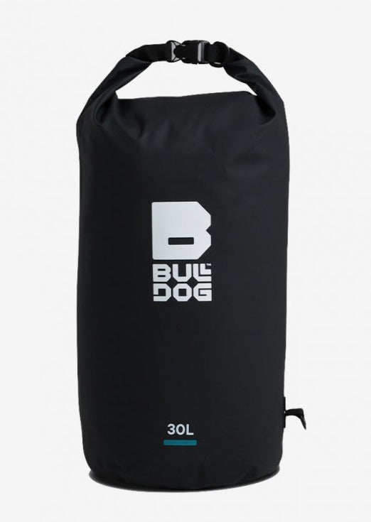 Bull Dog Dry Bag 30L black waterproof backpack ideal for outdoor adventures.