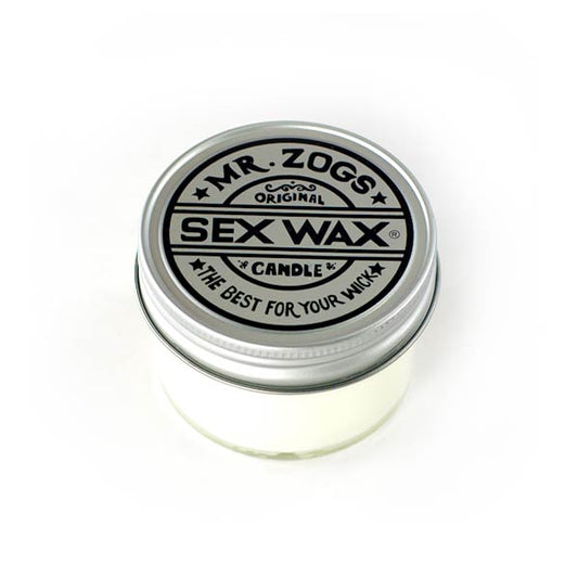 Mr. Zog's SexWax candle in white with a sleek metal lid.
