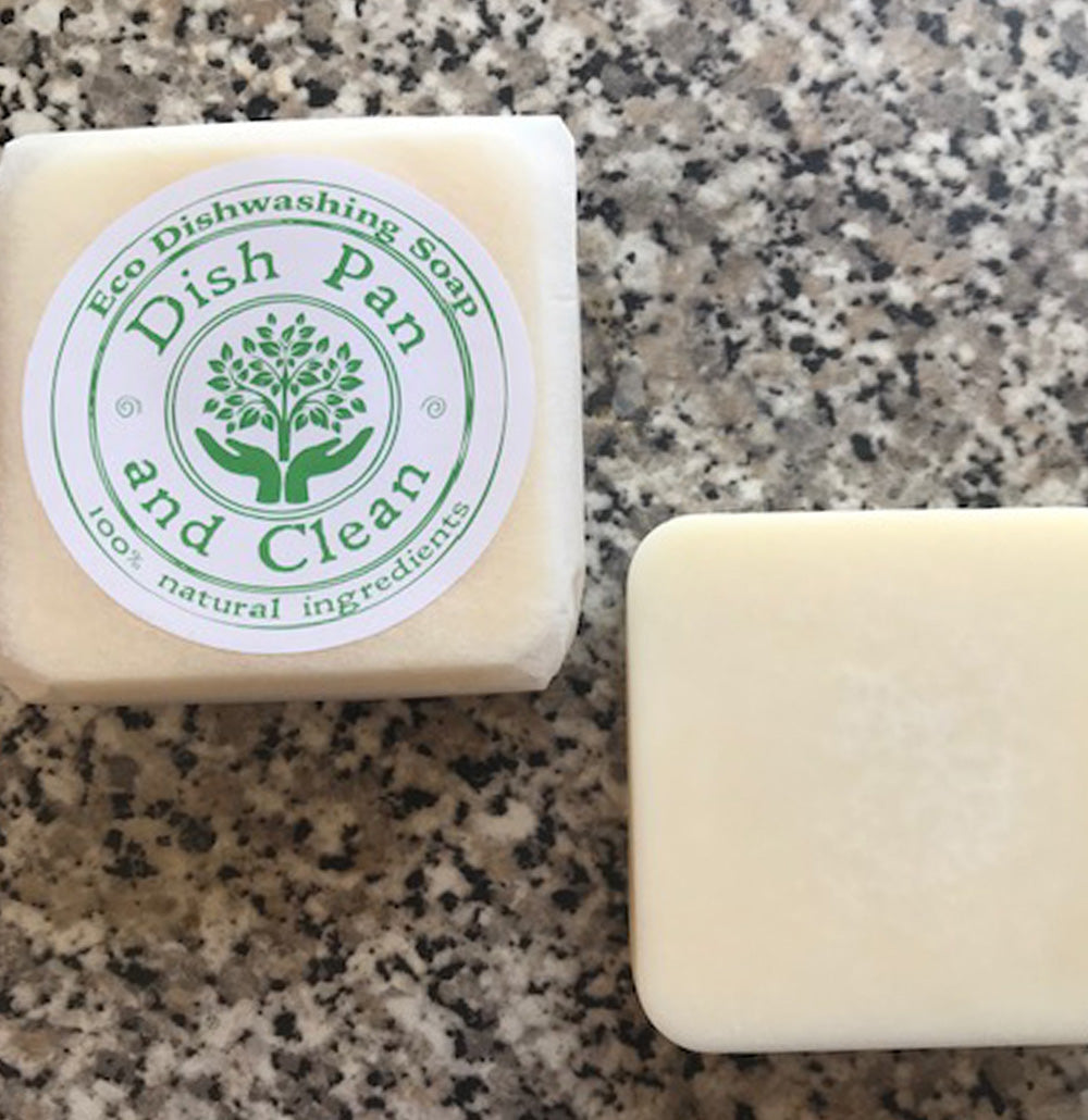 Eco-friendly Dish Pan and Clean dishwashing soap bar with natural ingredients.