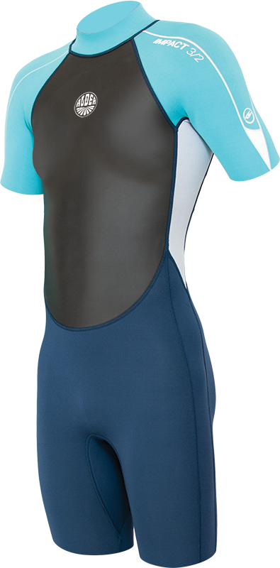 Alder Impact Girls Shortie 3/2 wetsuit in cyan and navy design.