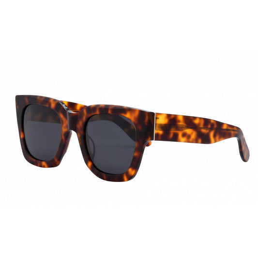Side view of I-Sea Jolene tortoise sunglasses with bold square frames.