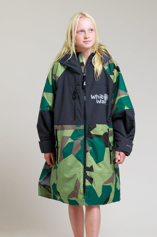 Camo White Water Kids Hard Shell Robe with full-length zipper and hood.