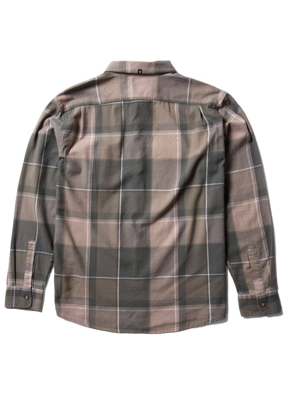 Back view of Vissla Central Coast Eco LS Flannel in vintage green.