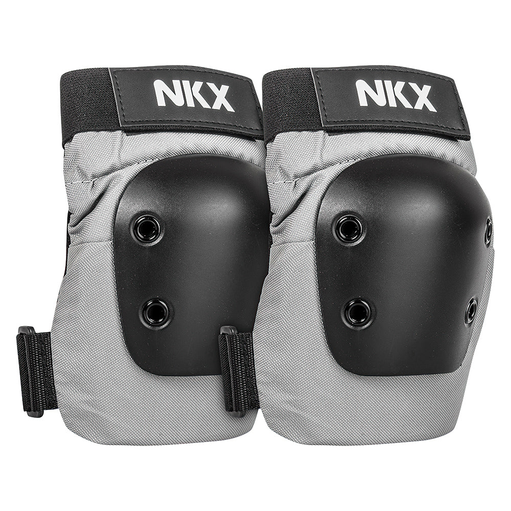 NKX Pro Elbow Pads with durable black caps and gray fabric design.