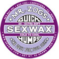 Close-up of Mr. Zog's SexWax Quickhumps purple cold/cool surfboard wax label.