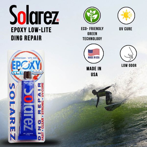 Solarez Epoxy Low-Lite Ding Repair with eco-friendly, UV cure, and low odor benefits.