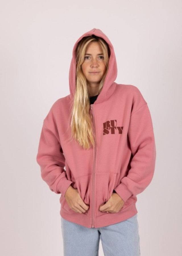 Rusty Alana oversize pink zip hooded fleece with hood up and front logo.