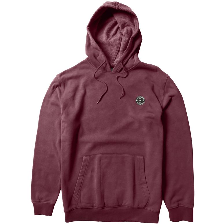 Vissla Solid Sets Eco PO Hoodie in stone blue with front pocket and logo.