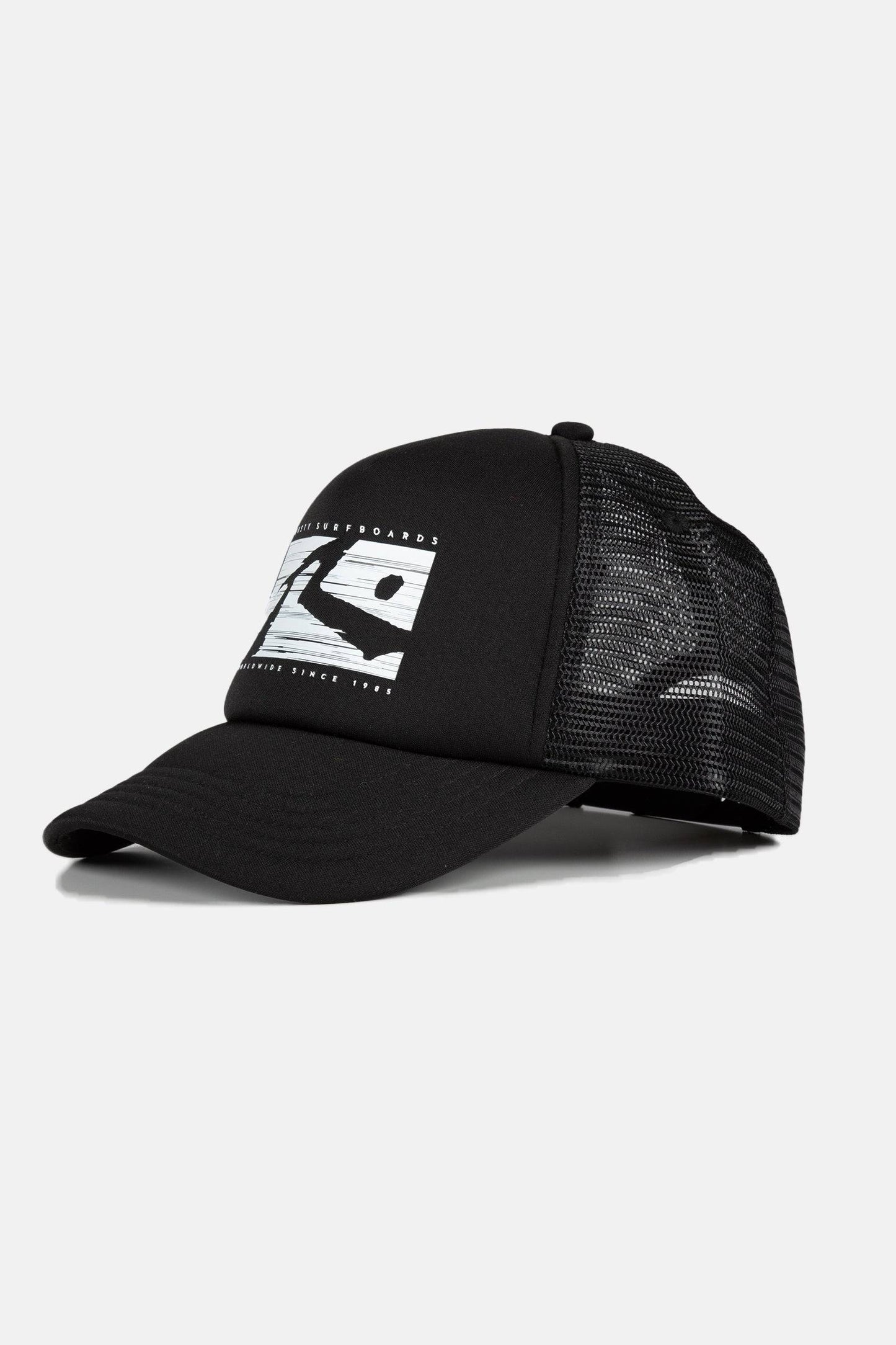 Side view of black Rusty R Dot Trucker Cap with mesh back.