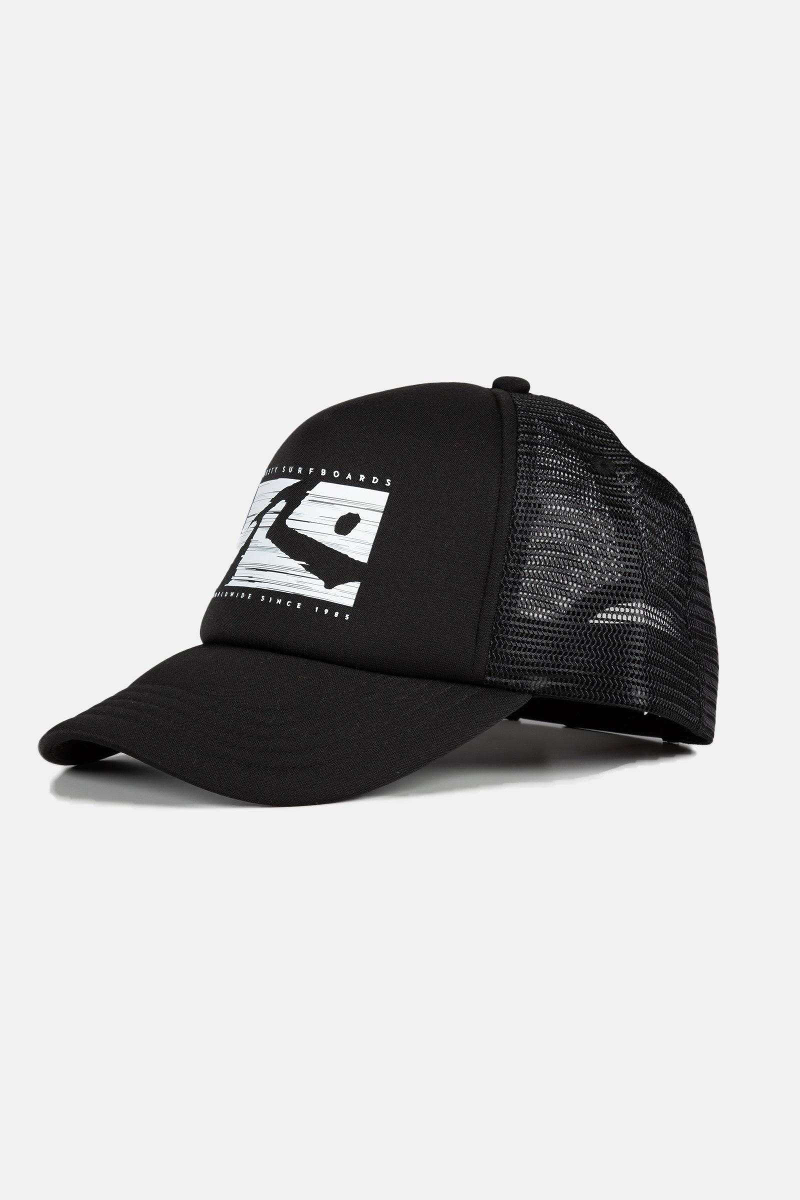 Side view of black Rusty R Dot Trucker Cap with mesh back.