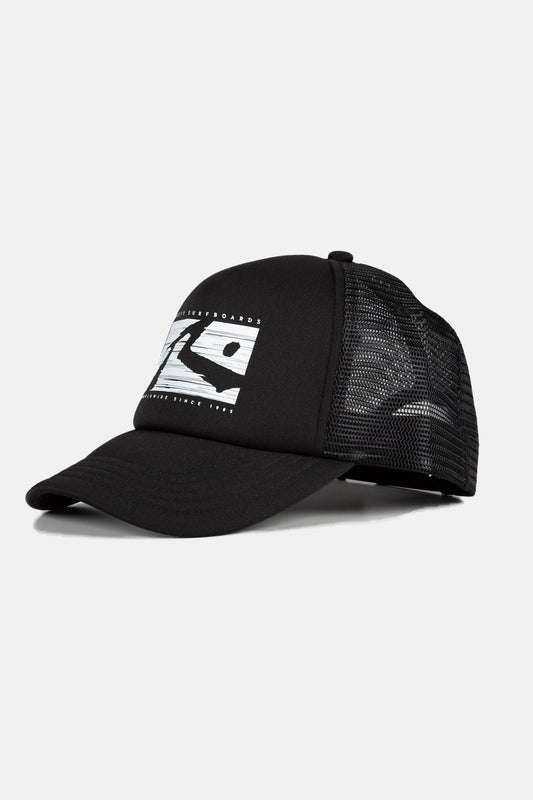 Side view of black Rusty R Dot Trucker Cap with mesh back.