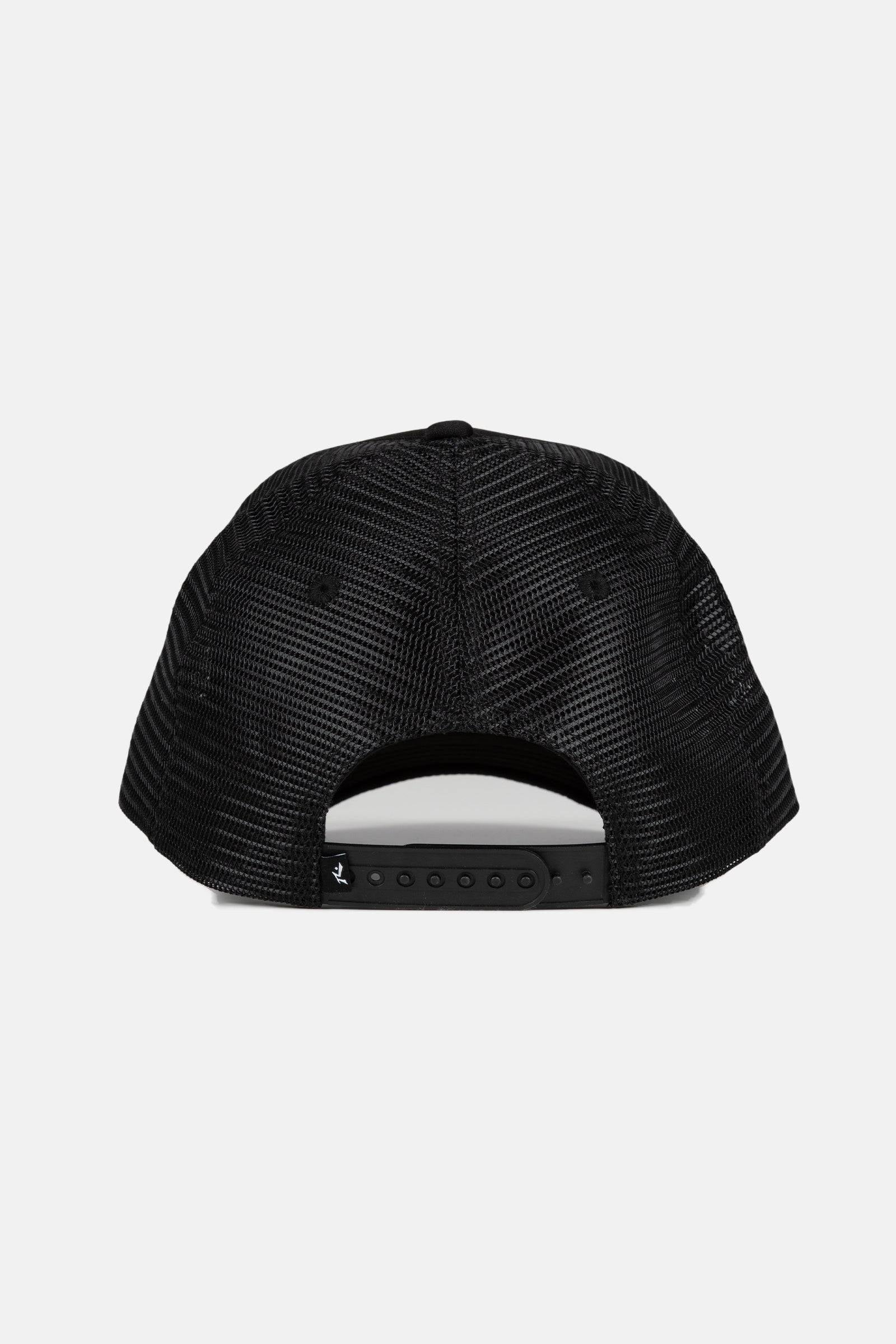 Back view of black Rusty R Dot Trucker Cap with adjustable strap.