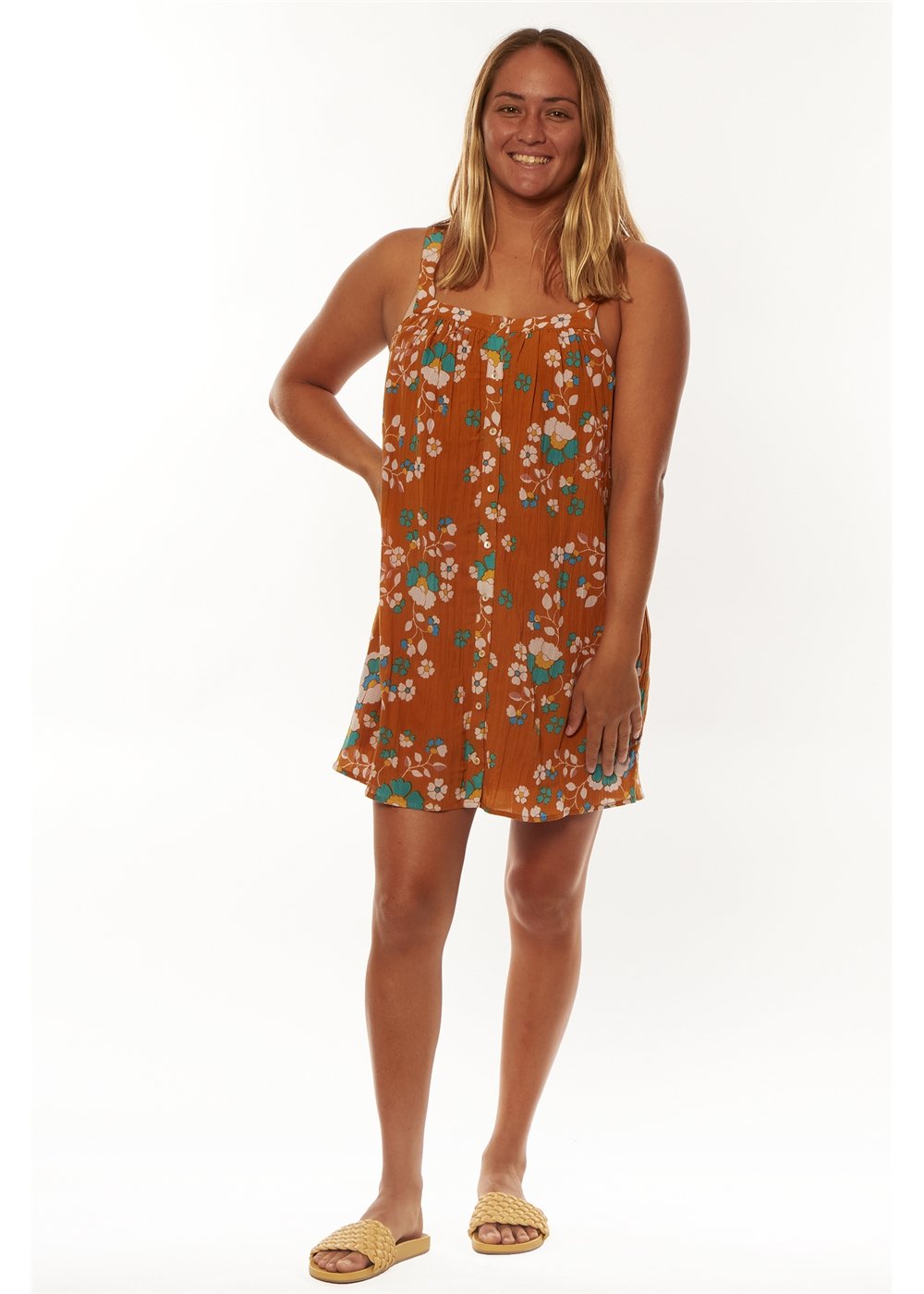 Sisstr Wind Star Dress in Sea Salt with floral accents, mini tank style, square neck, eco crinkle fabric. Lightweight and perfect for spring.