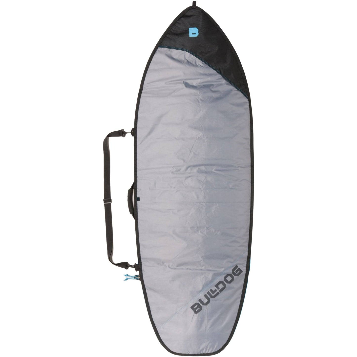 Bulldog Essentials Fish Surfboard Bag with durable silver fabric and black accents.