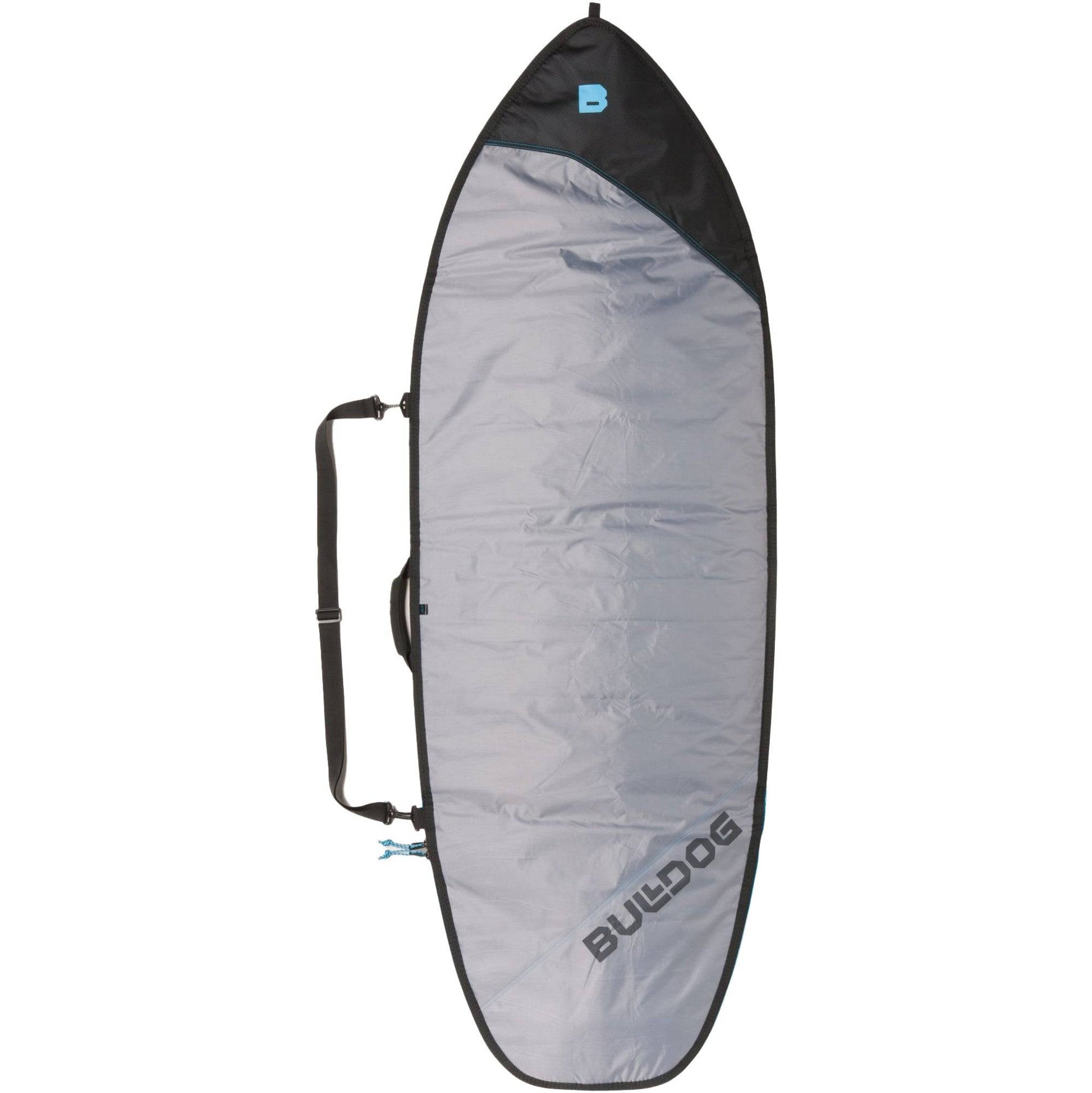 Bulldog Essentials Fish Surfboard Bag with durable silver fabric and black accents.