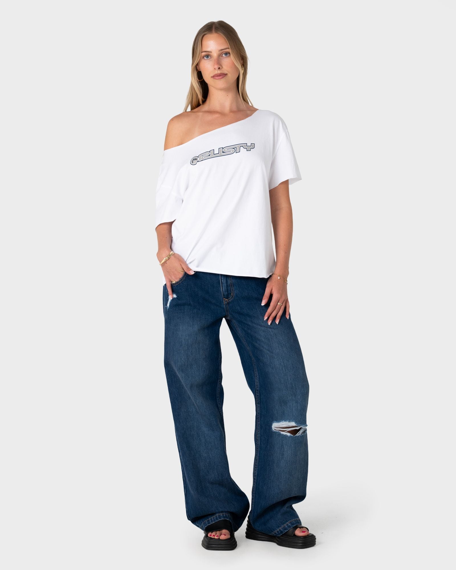 Rusty New But Old Off Shoulder Graphic Tee