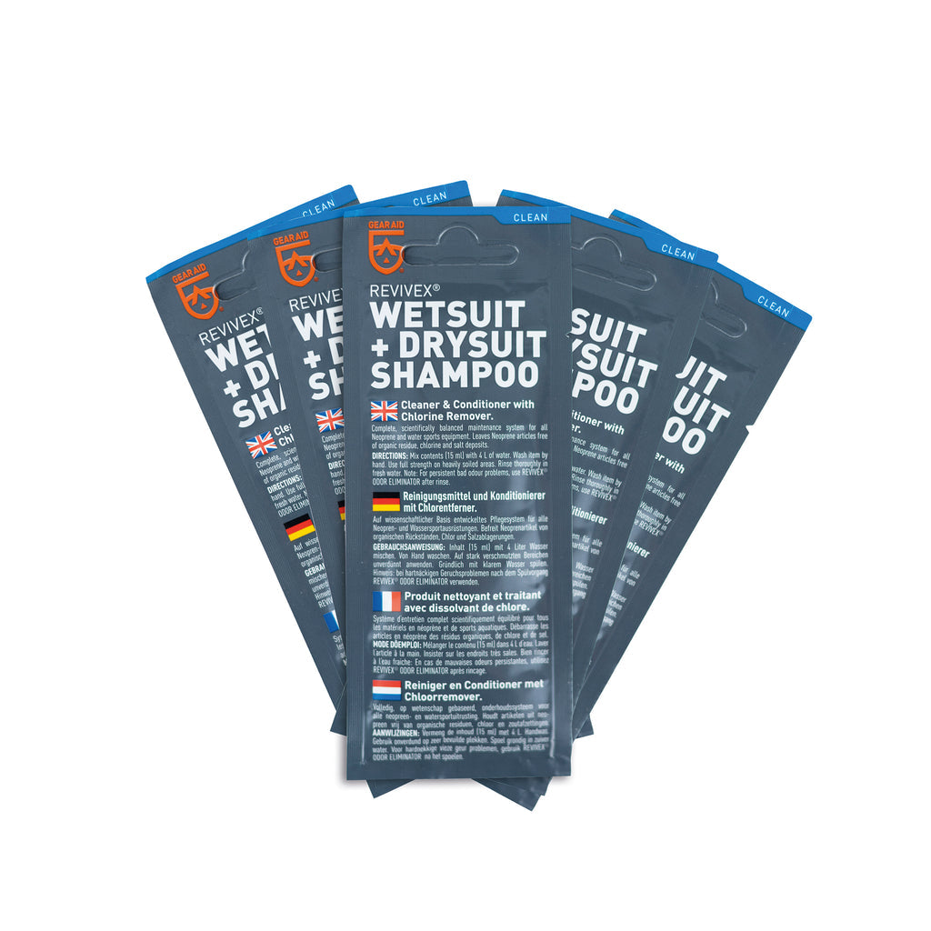 Revivex Wetsuit and Drysuit Shampoo 15 ml packets for cleaning gear.
