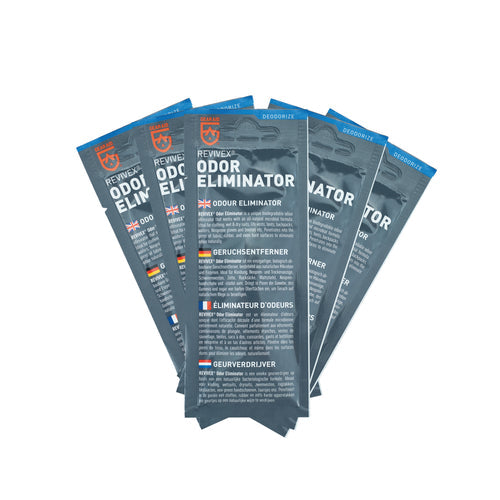 Revivex Odor Eliminator 15ml sachets for wetsuit cleaning and odor removal.