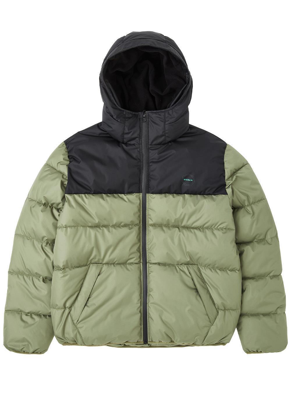 Vissla North Seas Puffer Jacket in gray with black accents, front view.
