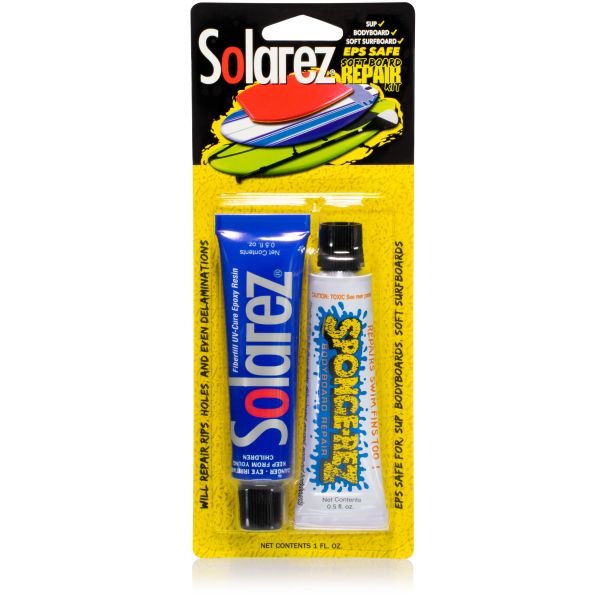 Solarez Soft Board Repair Kit with EPS-safe resin for surfboards.