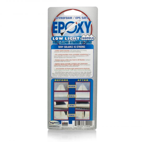 Back view of Solarez Epoxy Low-Lite Ding Repair packaging with instructions.